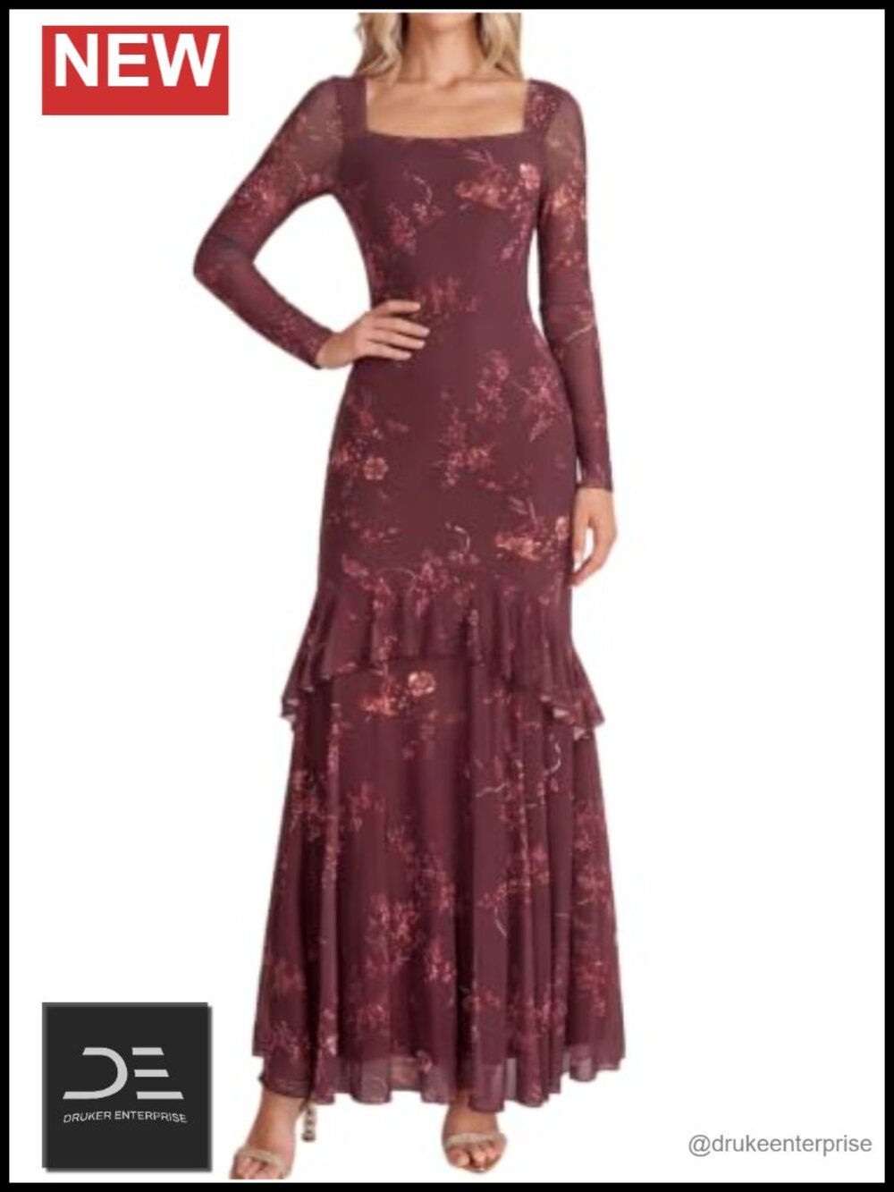 Felyra Long Sleeve Floral Maxi Dress Square Neck Bodycon Tiered Ruffle